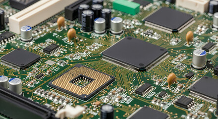 Close-up of a computer motherboard with various components