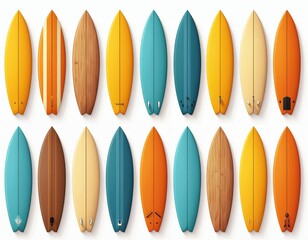 Fototapeta premium Collection of diverse surfboards displayed top view. Colorful boards vary in shape and design. Some wood grain pattern boards and bright pastel options.