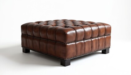 Fototapeta premium Brown leather square ottoman with button tufting and nailhead trim sits on dark wood legs. Classic Chesterfield style furniture, perfect for living rooms, studies, or boutiques for elegant seating.