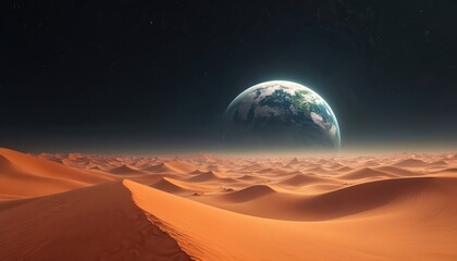 Fototapeta premium Vast alien desert landscape with sand dunes under starry dark sky. Earth globe rises large over horizon line, casting soft light over barren terrain. Cosmic panorama, surreal science fiction scene.
