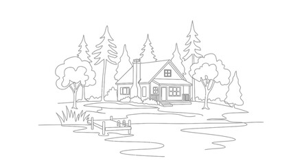 Fototapeta premium Cozy Cabin by Lake with Dock and Pine Trees - Line Art Illustration