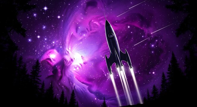 A spaceship blasts off into a purple galaxy