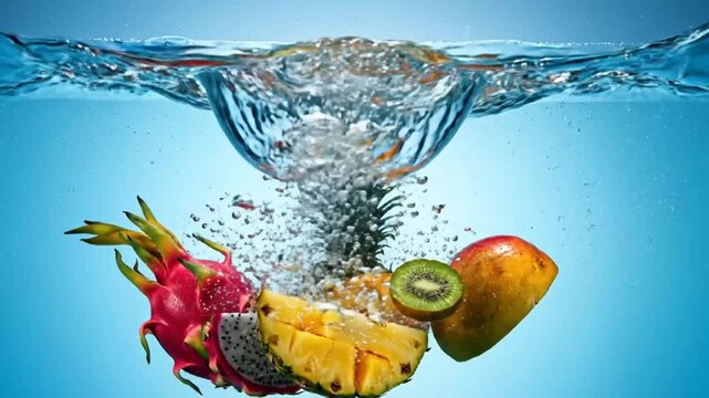 Fresh Fruits Splashing into Water