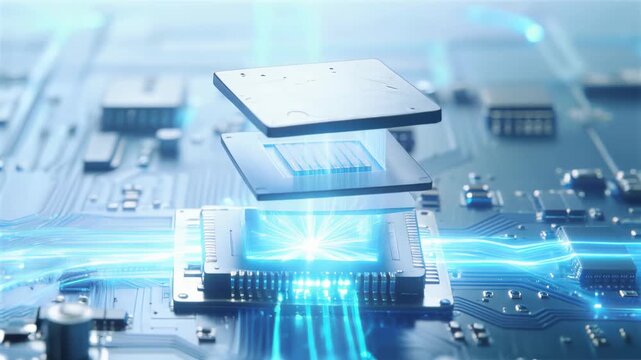 Technological Blueprint: High-angle shot of a microchip illuminating the core in a circuit board, symbolizing the core of the digital age.