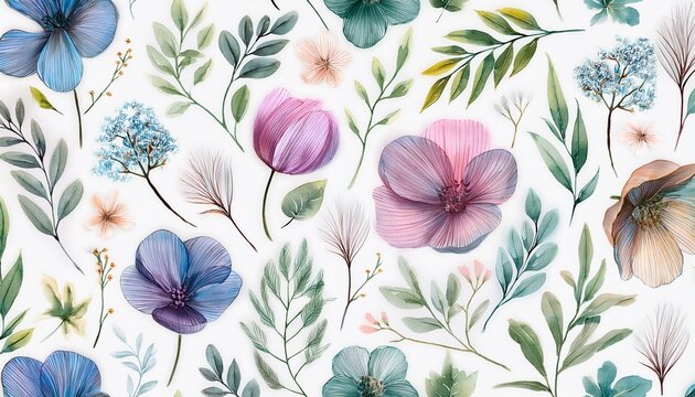 Modele Sans Couture Aquarelle Avec Fleurs Sauvages Etherees Feuilles Plantes Sauvages Fleurs Branches Un Fond Floral Nature