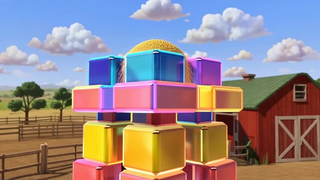 Animated stack of colorful cubes on a farm background with harvest grain accumulation cartoon style