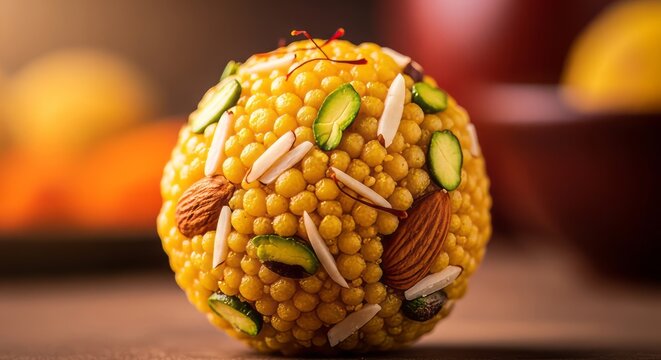 Delicious Indian sweet bundi laddu garnished with nuts and pistachios, a festive treat
