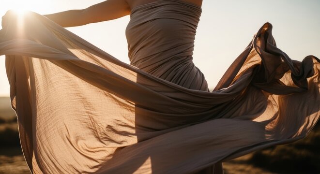 Graceful woman in flowing dress twirling in golden sunset light outdoors