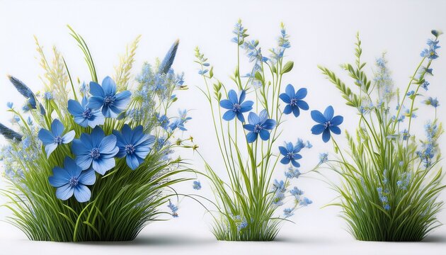 Many Stems With Little Blue Flowers And Leaves In Bunch Of Meadow Grass And Separately On White Background