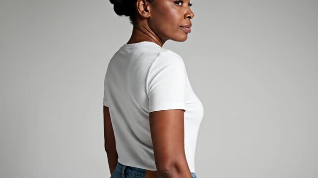 Woman wearing white t shirt on gray background