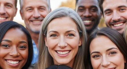 Fototapeta premium Diverse group of smiling people showing unity and equality in cheerful outdoor setting. Different backgrounds and ethnicities come together in joyful moment reflecting everyone is equal concept.