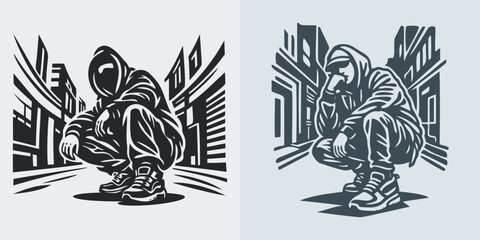 Fototapeta premium Reflective Hooded Figure Squatting Urban Environment Artwork