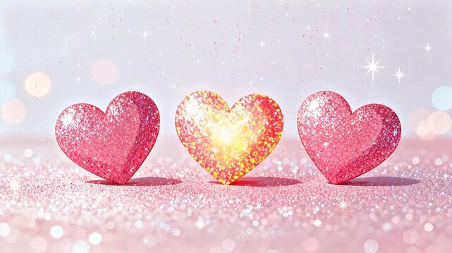 Three glittery pink hearts on sparkly surface