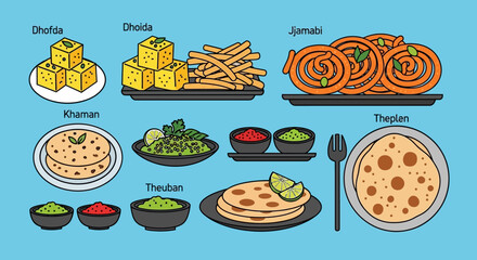 Collection of various Indian snacks and appetizers with dips and accompaniments, presented in a visually appealing layout