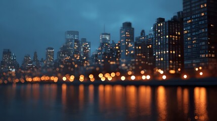 Obraz premium Softly blurred city skyline at night with warm glowing lights reflecting in the dark water