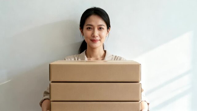 Asian woman holding a stack of delivery boxes. Moving and packing concept for happy customer or online order fulfillment.