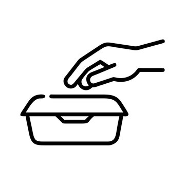 Minimalist food container icon, hand reaching for takeout lunch box, black line art vector illustration of disposable meal packaging