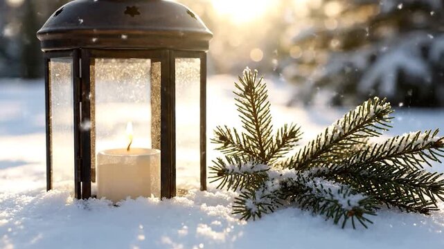 A candle flickers within a vintage lantern amidst fresh snow, a winter scene with evergreen