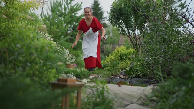 Garden rescue white homesteader with goose, homesteader in red dress carries goose along pebble path toward pond, careful steps near shrubs and lilypads, practical caretaking action evokes wholesome