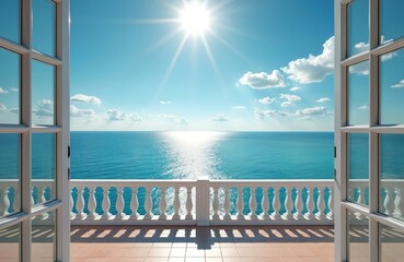 Fototapeta premium Open balcony doors reveal ocean view under bright sun. White balustrade overlooks blue sea and sky. Scenic vacation spot with clear weather and sunlight.