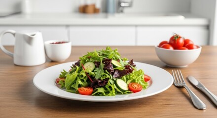 Fresh salad on a plate, surrounded by tomatoes, cutlery, and kitchen setting