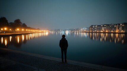 Fototapeta premium A lone figure stands by a tranquil urban waterfront at night gazing at city lights and their reflections