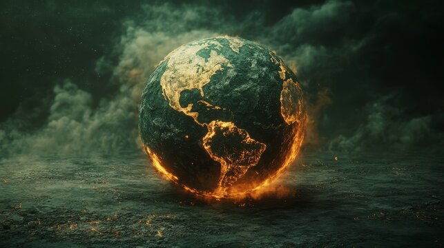 24.Desolate version of planet Earth with no vegetation, deep soil fissures, and climate change symbols like smoke clouds and fire lines