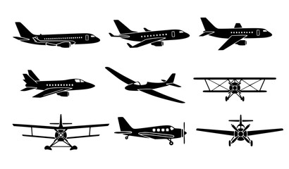 Airplane symbols silhouette vector set for travel and aviation © SobujChandra