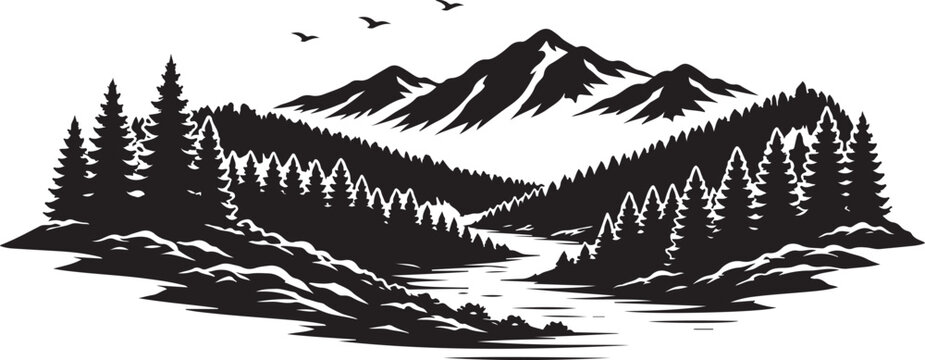 West Virginia Mountain Landscape Silhouette, Vector Illustration, Isolated on White Background