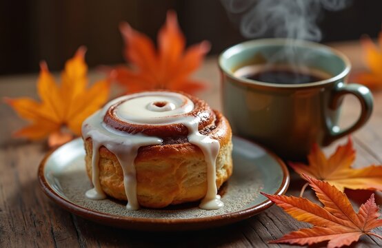 Warm cinnamon roll with white icing sits on plate next to steaming coffee cup. Autumn leaves surround this sweet treat. Perfect for cozy fall breakfast.
