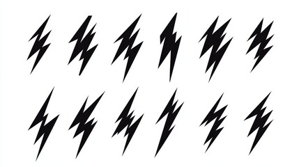 Fototapeta premium 62.Set of minimalist black lightning bolt icons with sharp angular designs, isolated on clean white background in uniform vector style