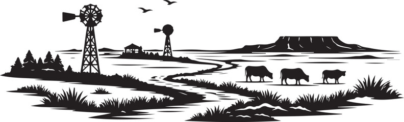 Oklahoma Plains Landscape Silhouette, Vector Illustration, Isolated on White Background