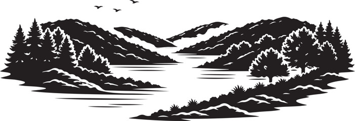 Ohio River Valley Landscape Silhouette, Vector Illustration, Isolated on White Background © Thi