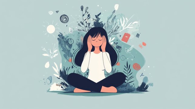69.Flat design character of a young woman holding her head in pain surrounded by chaotic symbols, contrasted with her calm version meditating in a tranquil background