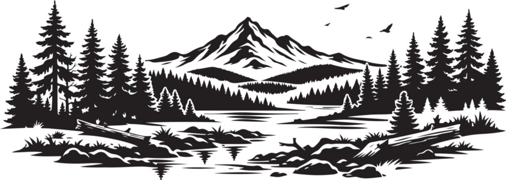 Oregon Forest Landscape Silhouette, Vector Illustration, Isolated on White Background