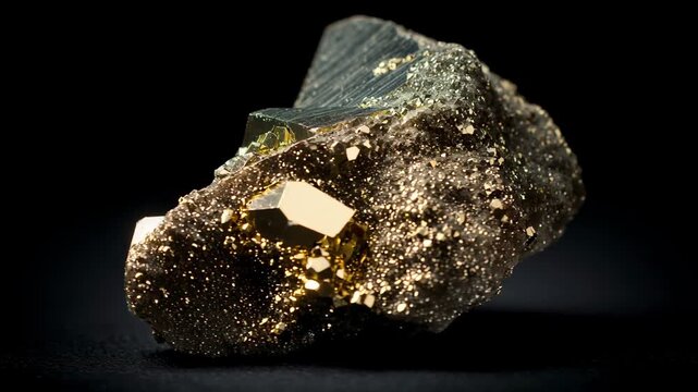 Mineral Pyrite with Shimmer: An eye-level shot captures a detailed view of a pyrite cluster against a dark background, revealing the intricate crystalline structure and metallic gleam of the mineral.
