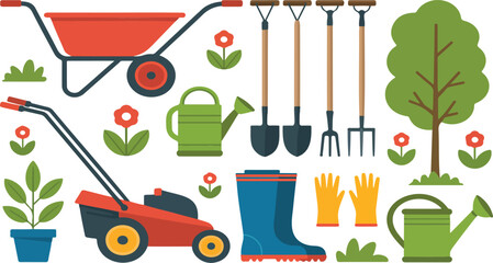 Gardening Tools Illustration Set with Lawn Mower Wheelbarrow Shovel Rake Watering Can and Plants
