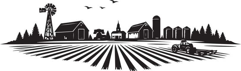 Nebraska Farmland Landscape Silhouette, Vector Illustration, Isolated on White Background © Thi