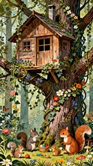 Fototapeta premium Squirrels gather near a floral treehouse in a vibrant forest setting