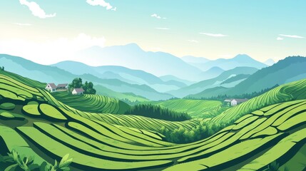 Colorful vector poster showing natural tea fields stretching across hillside terraces, calm rural atmosphere with traditional farming attire