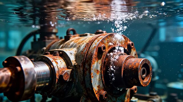 Rusted industrial machinery submerged in underwater environment with bubbles