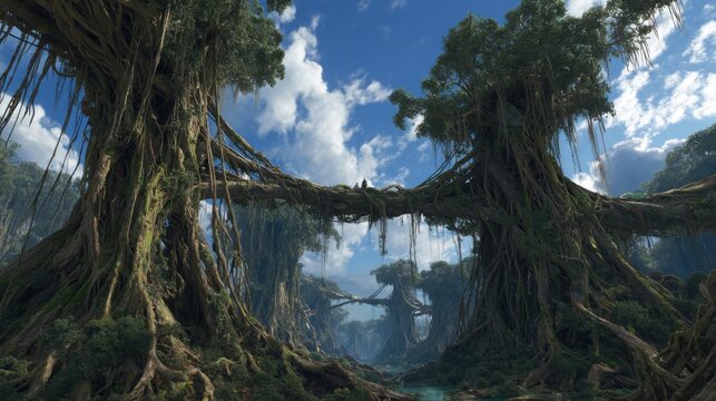 Colossal Genetically Modified Aerial Root Systems Forming Natural Bridges in a Lush, Mystical Forest Under a Cloudy Blue Sky