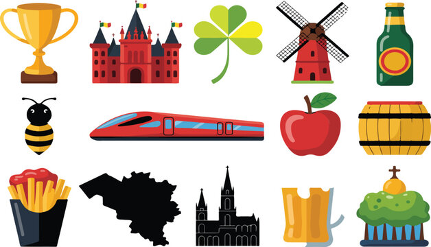 Belgium Symbols Collection Vector Set Featuring Travel Culture Landmarks Food and National Icons
