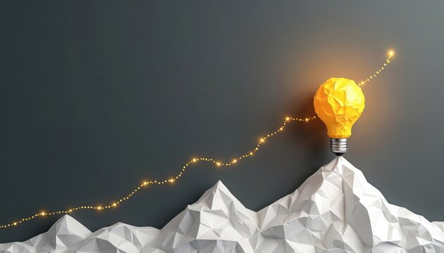 Idea ascends mountain peak as glowing path. Represents innovation growth and new concept realization. Bright lightbulb symbolizes success and creative thought leading to achievement.