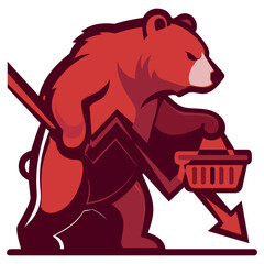 Fototapeta premium Bear carries shopping basket while gripping a downward trend line. Design features bold colors and clear lines. Concept of finance, market trends, retail, investment