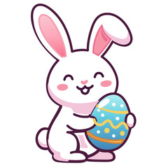 Fototapeta premium Bunny smiles while holding a decorated egg in bright colors. Background shows simple shapes. Concept of Easter, celebration, children's parties