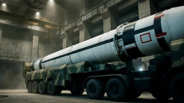 A heavy multi-axle vehicle slowly transports a massive intercontinental ballistic missile through a gloomy concrete bunker under the glow of spotlights