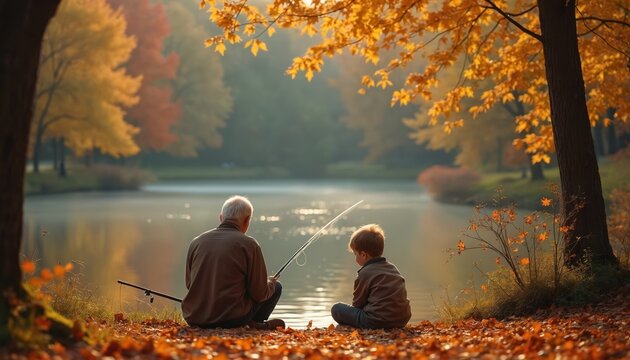 Grandfather and grandson sit by pond fishing in autumn. Golden leaves fall around them. Peaceful day with family bonding. They enjoy quiet time together.