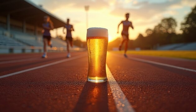 Beer glass sits on running track lane at sunset. Athletes run in background during race. Celebrate achievement after sports competition. Thirst quencher drink reward.