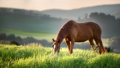 Bay Horse Eating Grass
